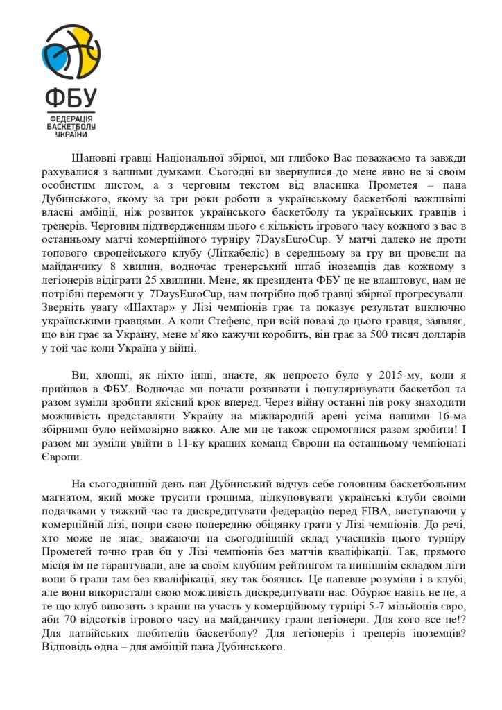 Президент ФБУ відповів на звернення гравців "Прометея" 4 - basket.com.ua Президент ФБУ відповів на звернення гравців "Прометея" 3 - basket.com.ua