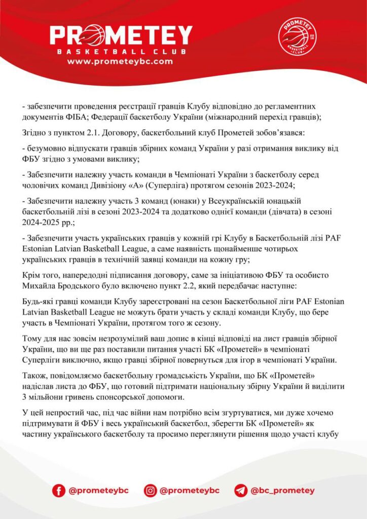"Прометей" звернувся листом до ФБУ, повідомивши, що не буде виступати у Вищій лізі 6 - basket.com.ua "Прометей" звернувся листом до ФБУ, повідомивши, що не буде виступати у Вищій лізі 5 - basket.com.ua